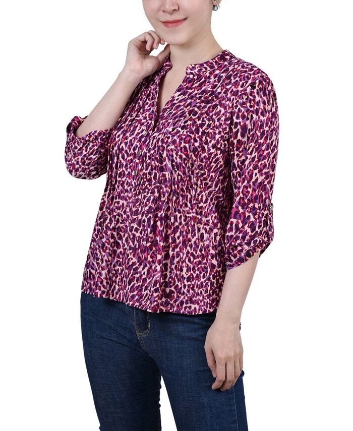 

Миниатюрный топ с защипами и принтом на рукавах 3/4 NY Collection, цвет Plum Leopard