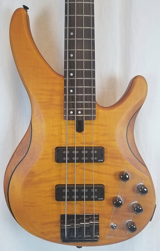 

Yamaha TRBX604FM Flame Top 4 String Electric Bass, 3-Band Active EQ, Matte Amber 2022 TRBX604FM MA