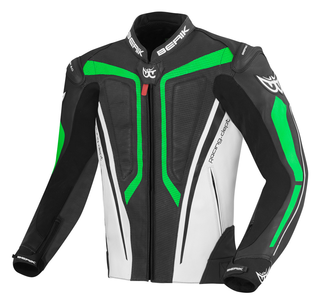 Мотоциклетная кожаная куртка Berik Street Pro с регулируемой талией и манжетами, черный/белый/зеленый