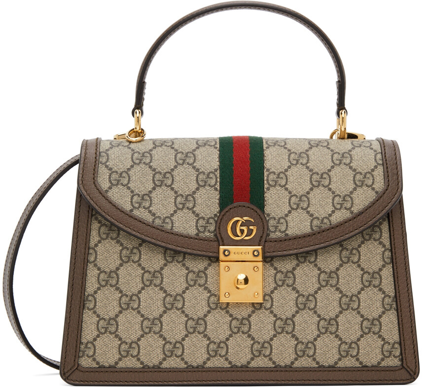 

Коричнево-бежевая маленькая сумка с ручкой сверху Ophidia Gucci, Коричневый
