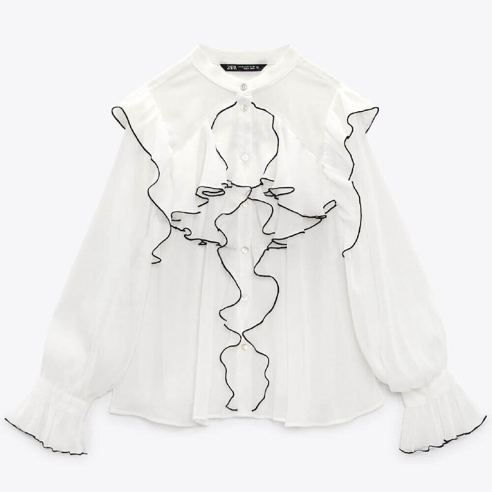 

Блуза Zara Semi-sheer Ruffle Trims, белый/черный