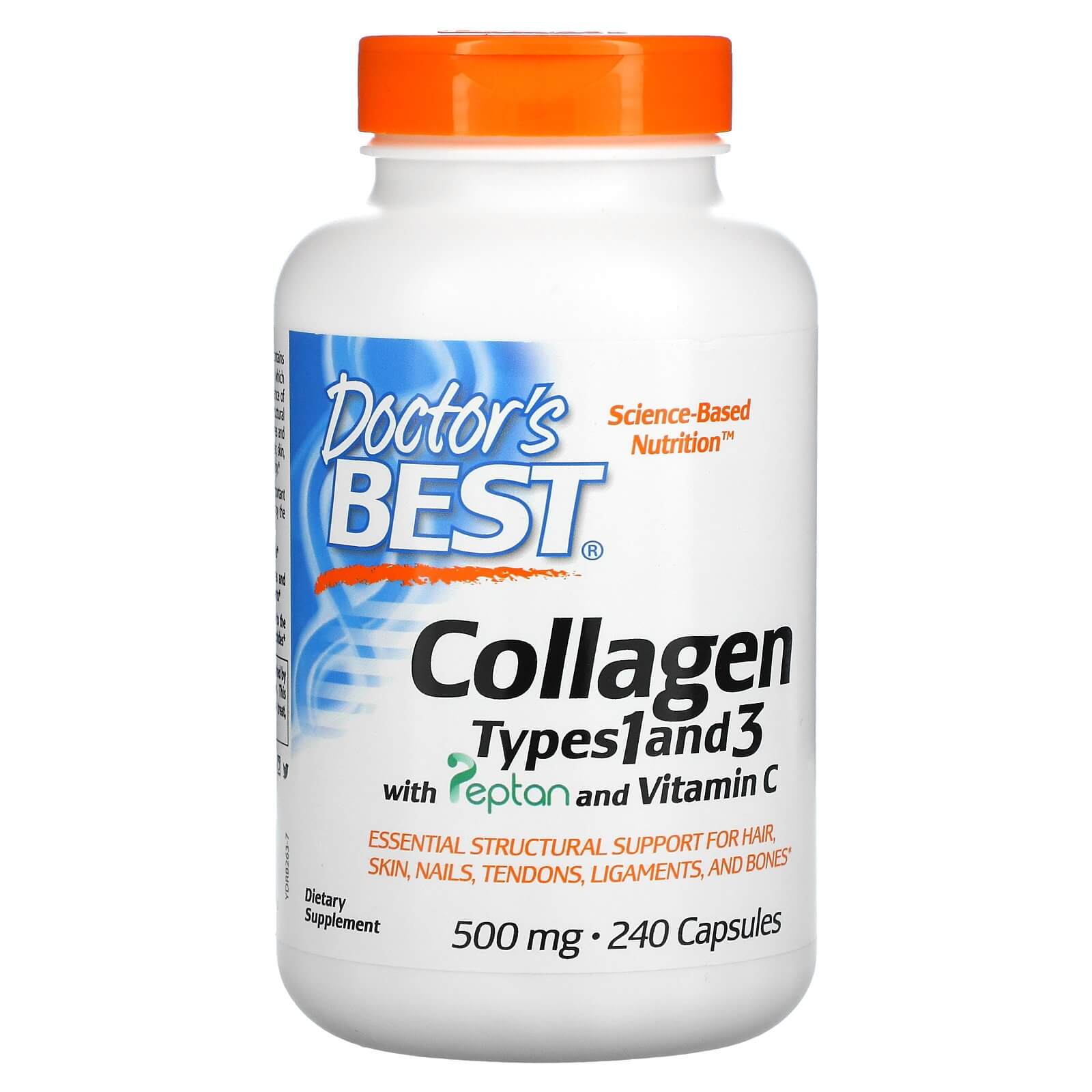Коллаген 1 и 3 типов с витамином C, 500 мг, Doctor's Best, Peptan, 240 капсул коллаген растворимый it s collagen настоящий морской коллаген защита суставов и связок 40 г
