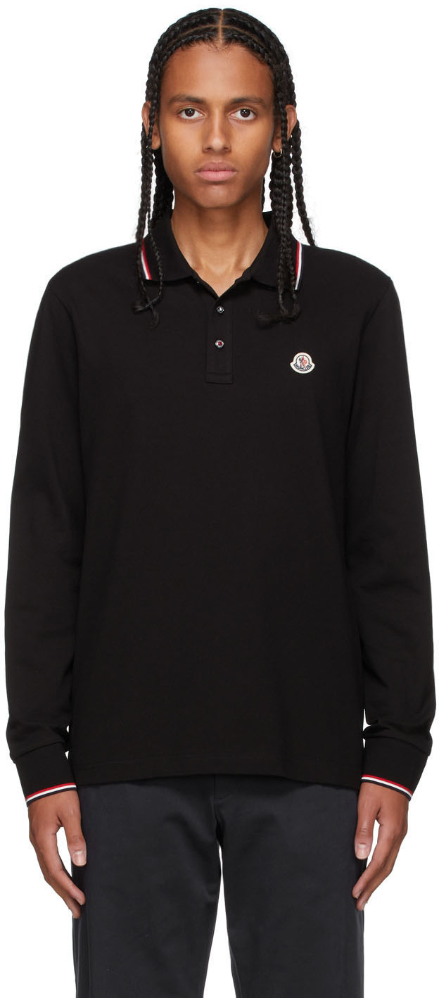 Черная трехцветная футболка-поло с длинным рукавом Moncler