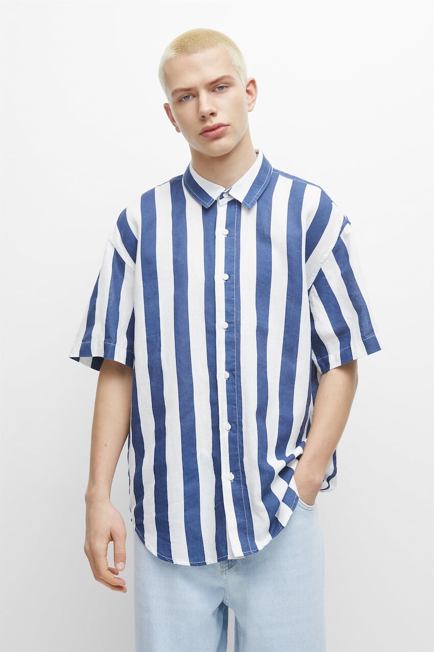 

Льняная полосатая рубашка с короткими рукавами Pull&Bear, военно-морской