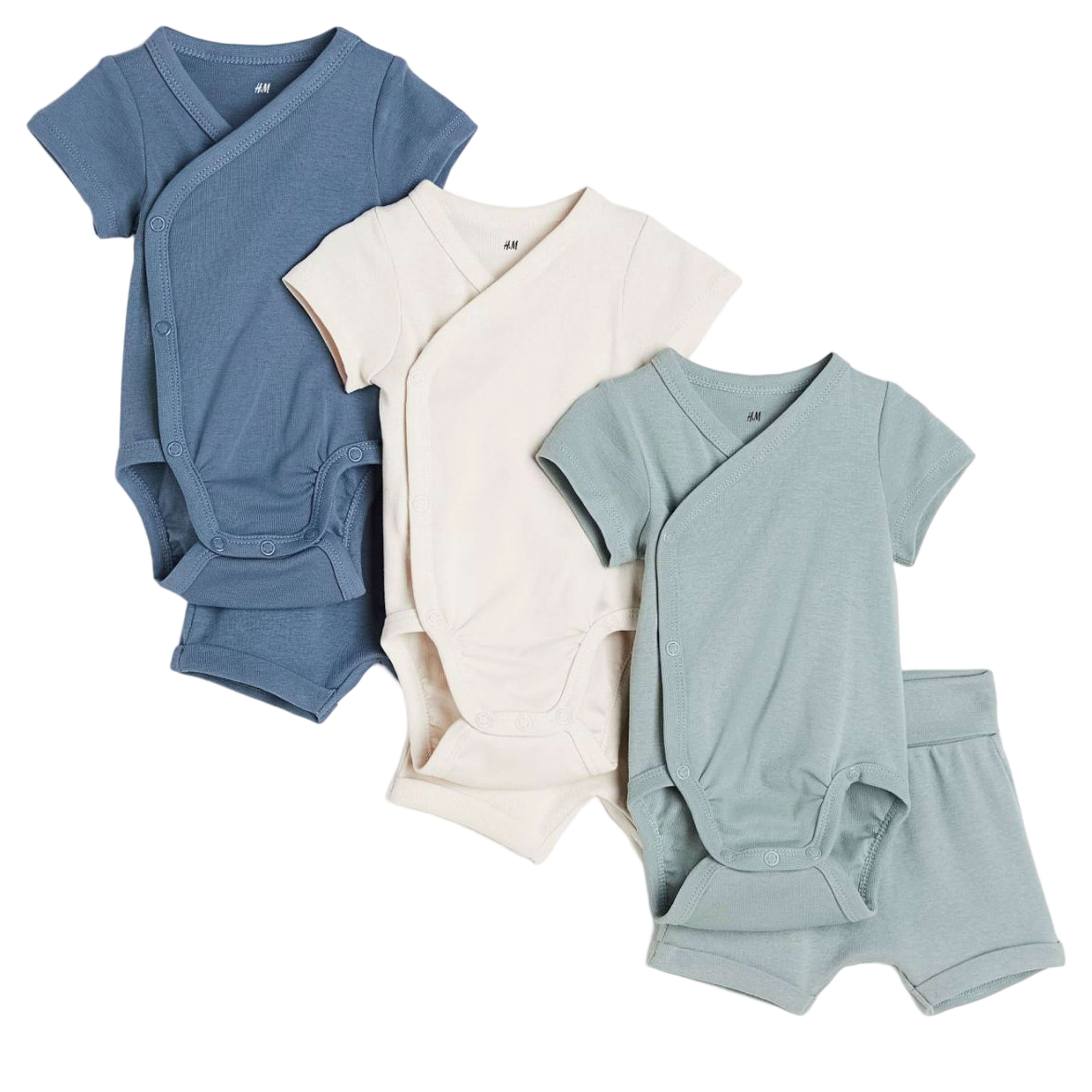 Комплект боди с шортами H&M Jersey, 6 предметов, синий/бежевый/зеленый