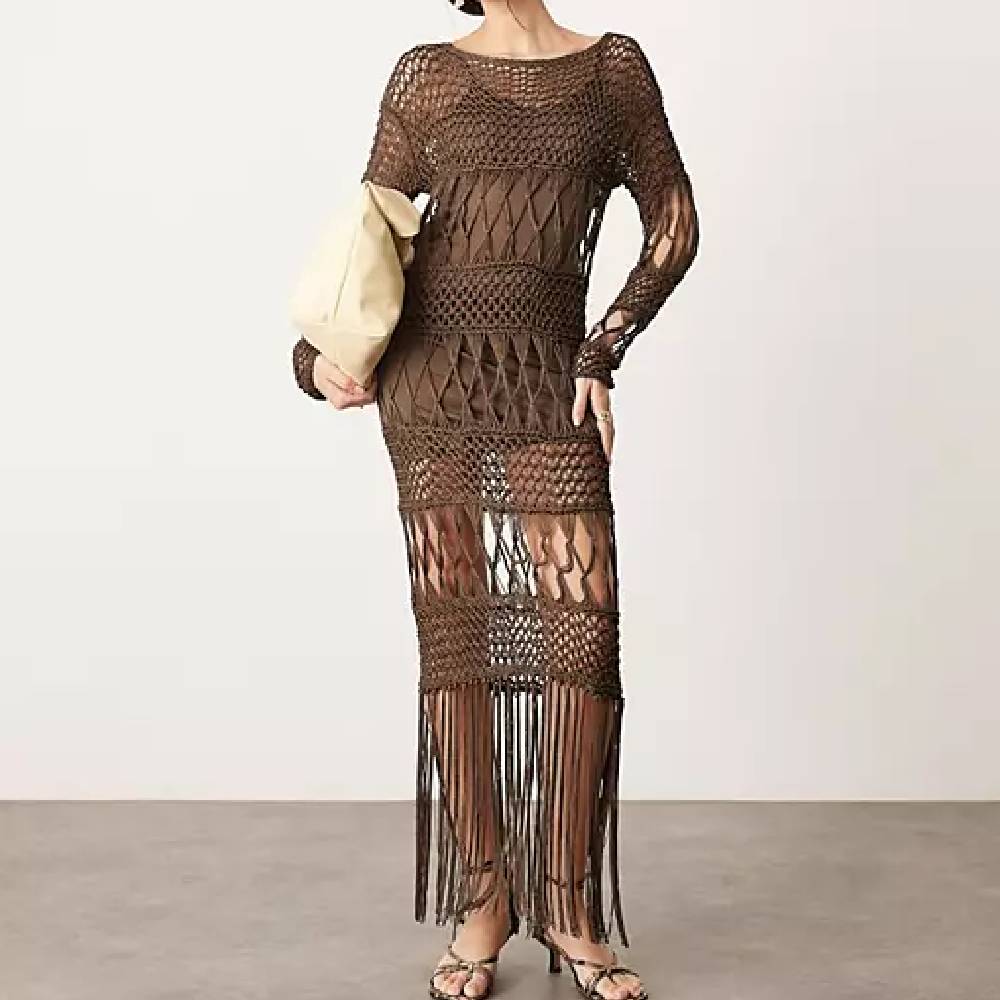 Платье Asos Edition Long Sleeve Macrame, коричневый