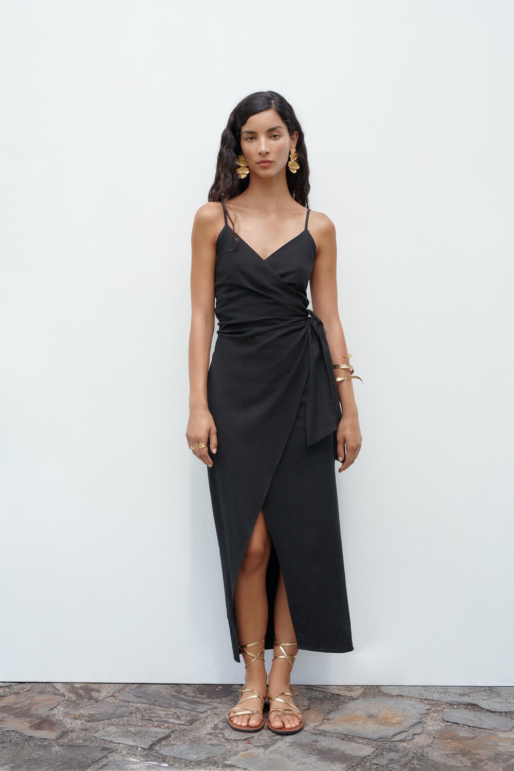 

Платье-комбинация из смешанного льна с узелом Zara, черный