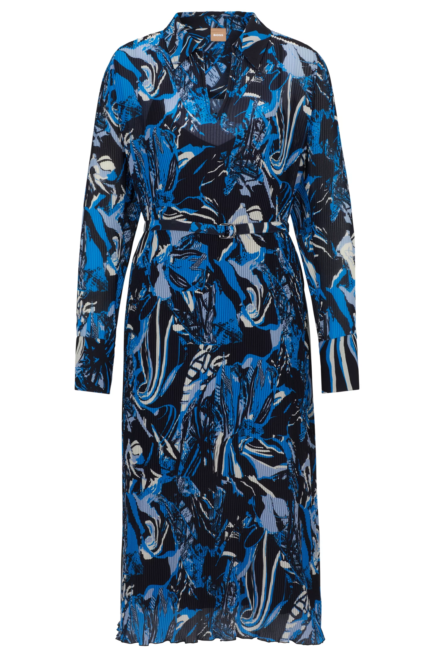 Платье BOSS Seasonal-Print With Belt And V Neckline, мультиколор платье с воротником халтер и v образным вырезом zara синий индиго