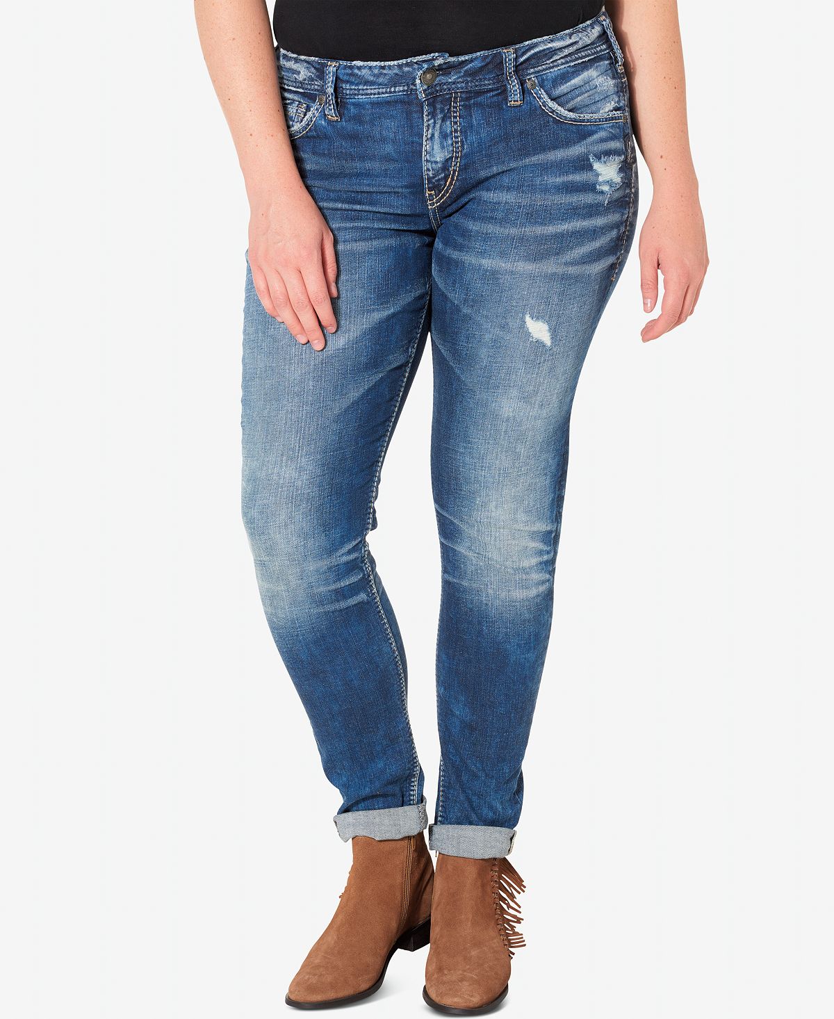 Плюс размер выстиранные рваные джинсы girlfriend цвета индиго Silver Jeans Co. фото