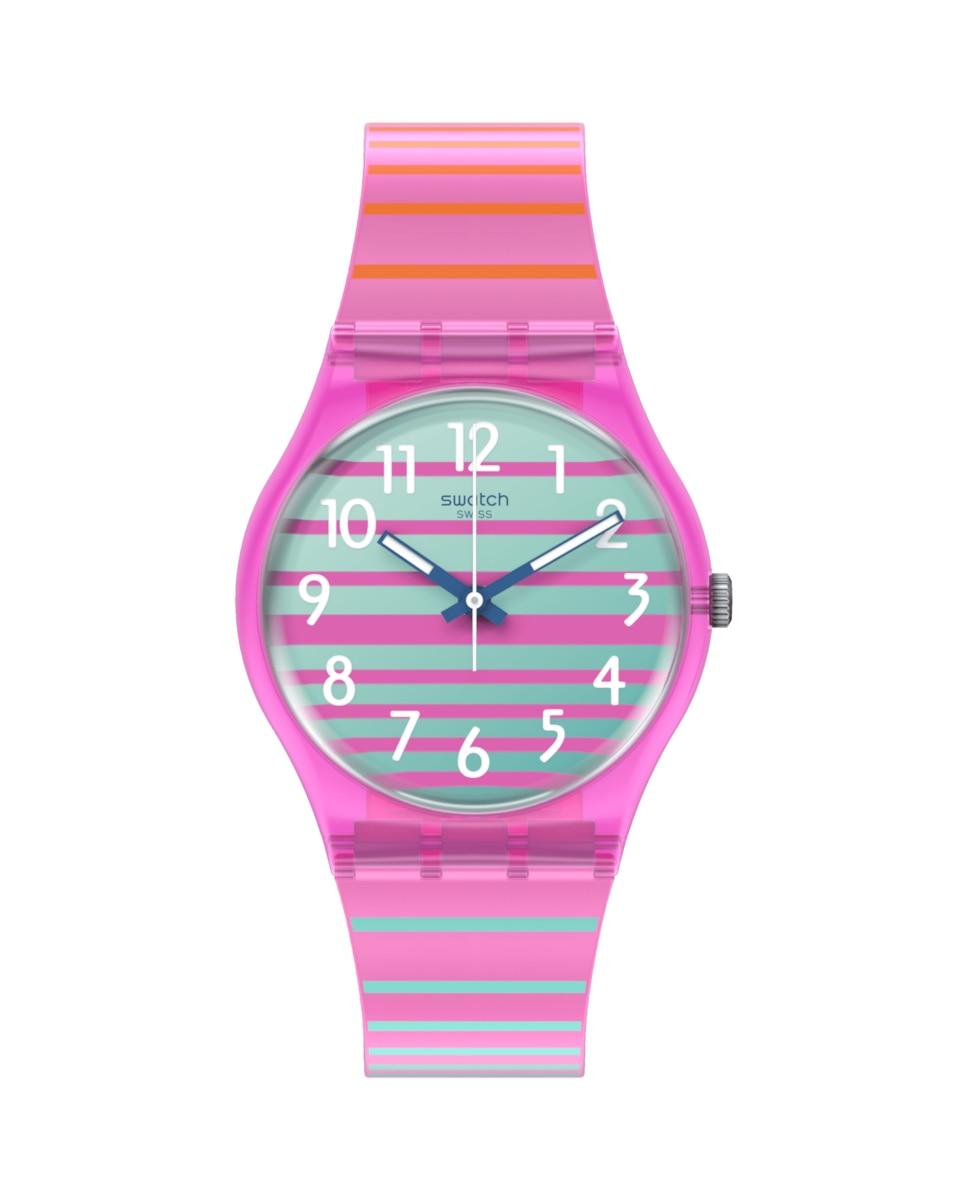 цена Электризующие летние часы с розовым силиконовым ремешком Swatch, розовый