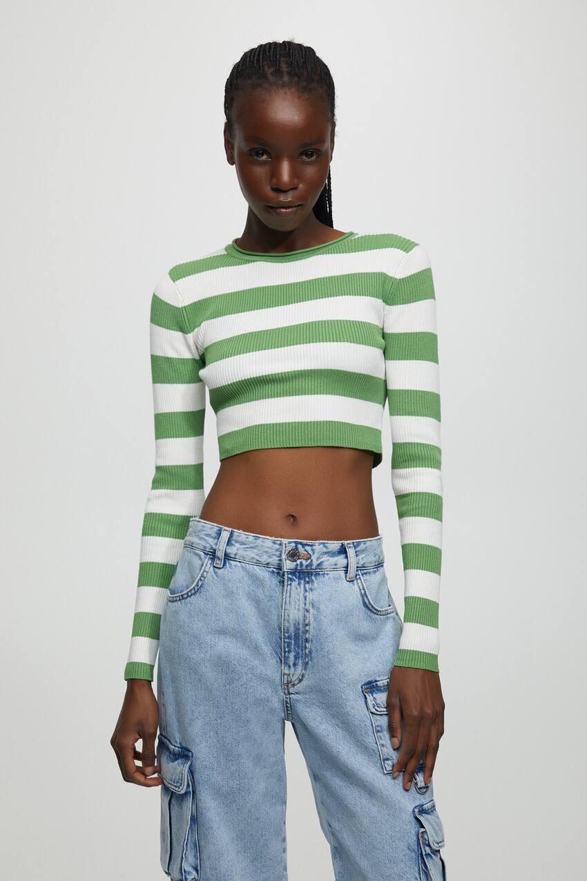 

Укороченный свитер в полоску Pull&Bear, зеленый