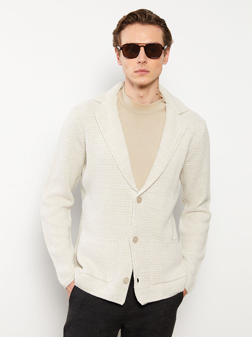 

Мужской трикотажный кардиган Slim Fit с отложным воротником LCW Vision, Серый