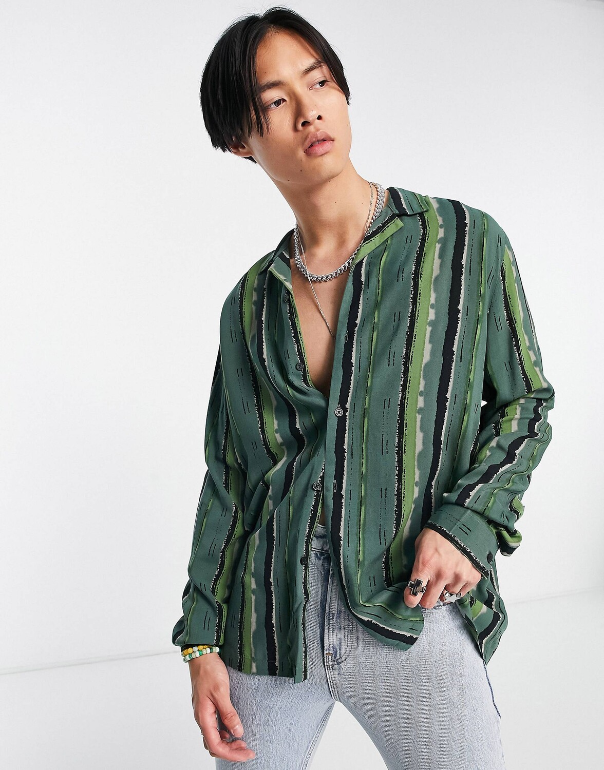 

Зеленая свободная рубашка с полосками ASOS DESIGN