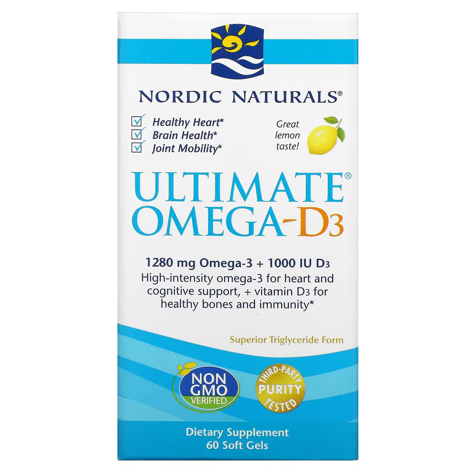 Nordic Naturals, Омега-D3 Ultimate, лимон, 1000 мг, 60 гелевых капсул - фото