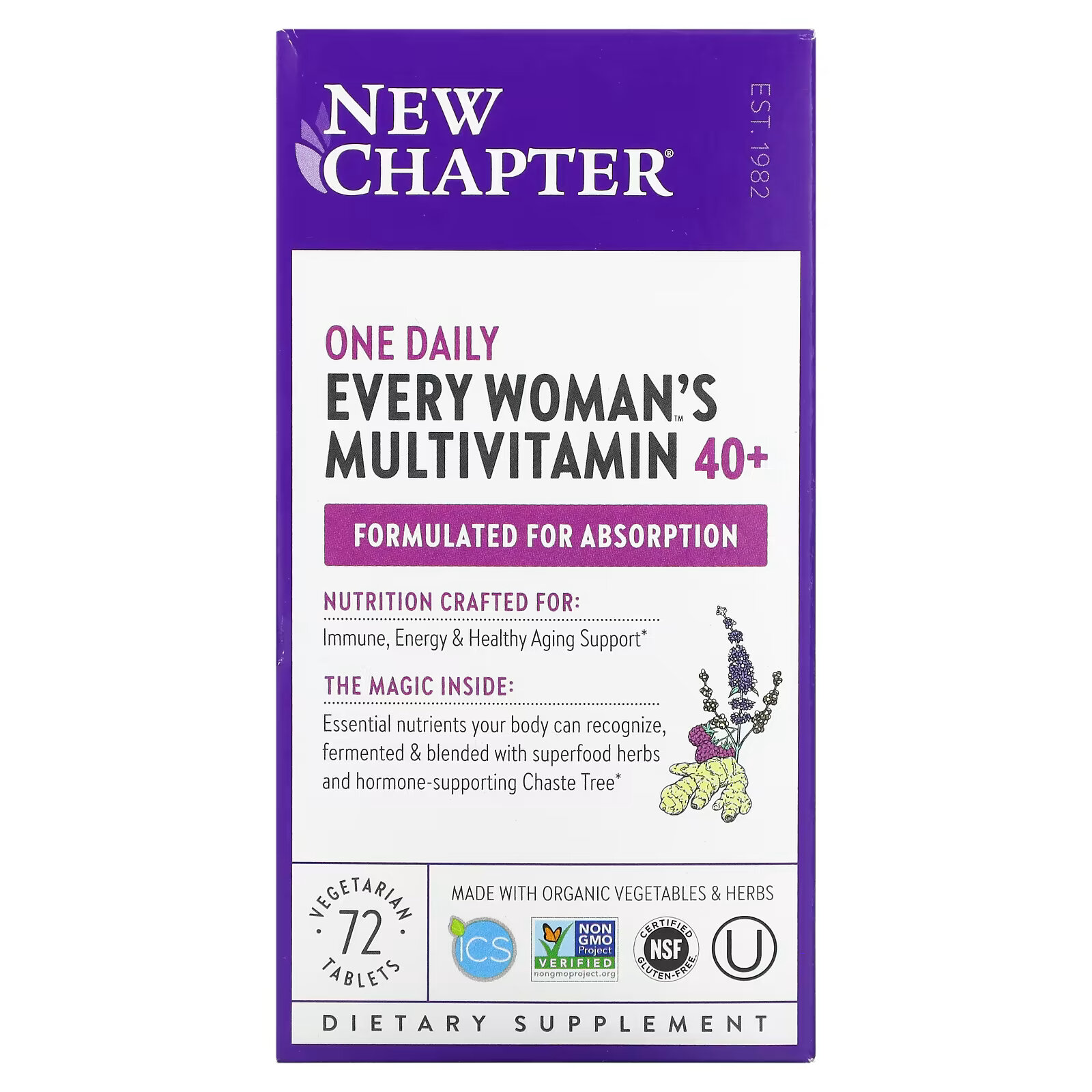 New Chapter, 40+ Every Woman's One Daily, витаминный комплекс на основе цельных продуктов для женщин старше 40 лет, 72 вегетарианские таблетки new chapter every man s one daily мультивитамины для 55 72 вегетарианские таблетки