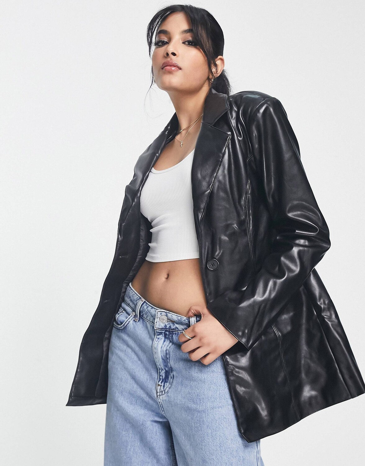 

Блейзер Asos Design Fitted Leather Look, черный