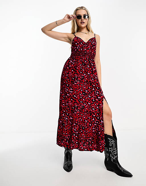 

Красное платье макси со сборками и бретелями Miss Selfridge, Красный
