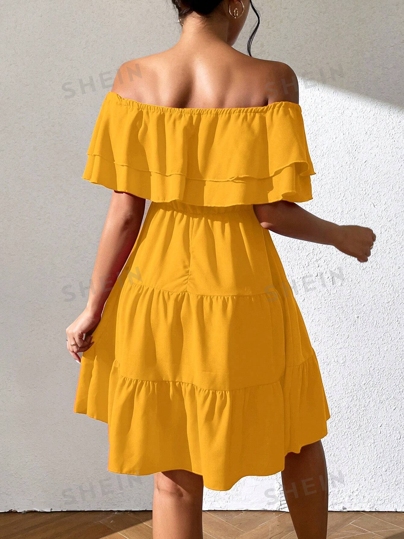 цена SHEIN Privé женское однотонное платье на одно плечо с оборками и подолом, желтый