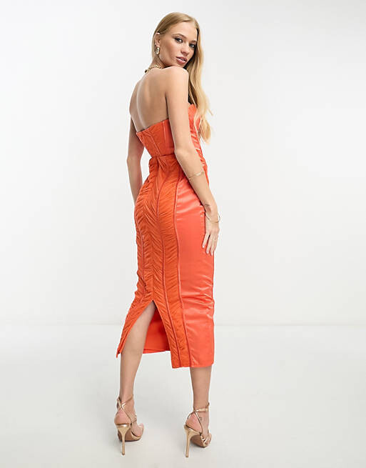 

Оранжевое платье миди со сборками и атласной вставкой ASOS DESIGN, Оранжевый