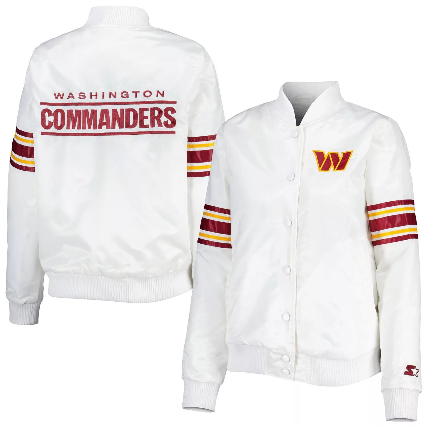 цена Женская стартовая белая атласная университетская куртка Washington Commanders Line Up на кнопках Starter
