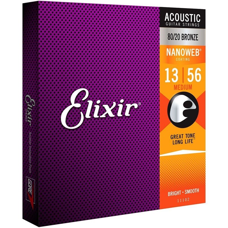 цена Струны Elixir Nanoweb для акустической гитары бронза 80/20 (средний калибр 13-56)