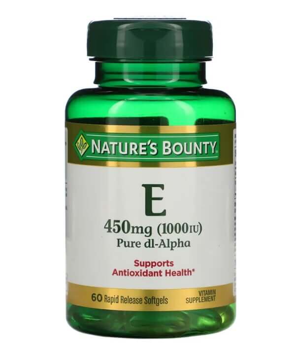 Витамин Е, чистый Dl-альфа, 450 мг (1000 МЕ), 60 мягких капсул с быстрым высвобождением, Nature's Bounty
