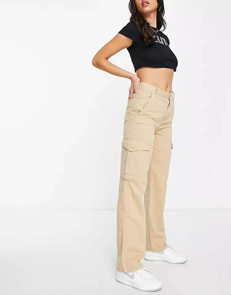 

Широкие брюки карго Pull&Bear с завышенной талией, бежевый
