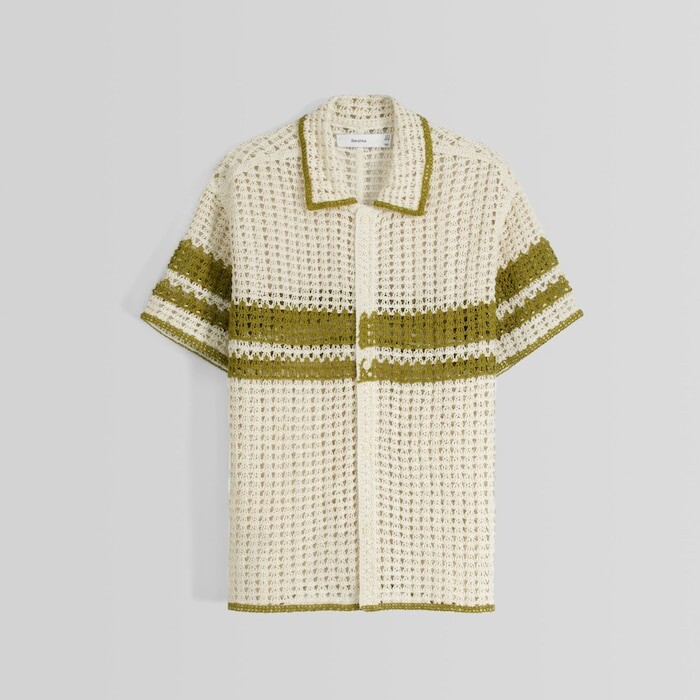 

Рубашка Bershka Striped Short Sleeve Crochet, бежевый/хаки