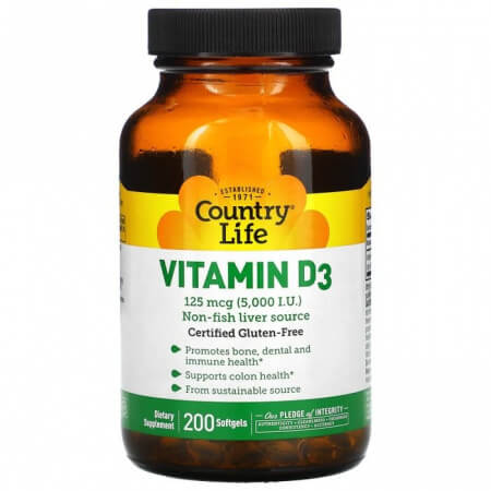 Витамин D3, Country Life, 125 мкг (5000 МЕ), 200 капсул сертифицированный веганский витамин d3 country life 125 мкг 5000 ме 60 мягких желатиновых капсул