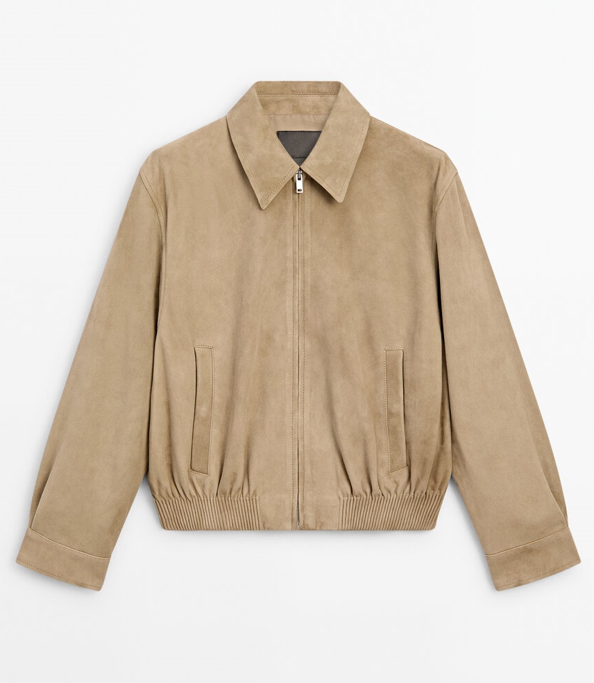 Куртка-бомбер Massimo Dutti Suede Leather, бежевый серо коричневая замшевая куртка на кнопках frye тауп