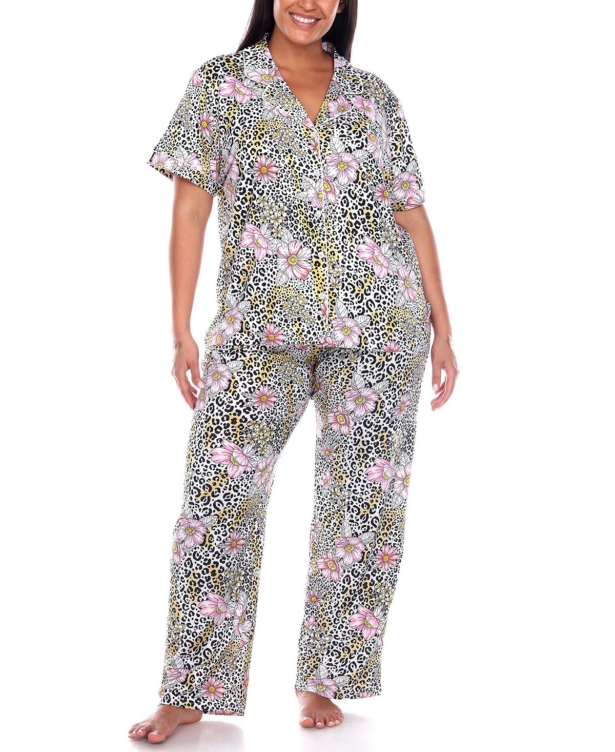 Плюс размер брюки с короткими рукавами тропический пижамный комплект, 2 предмета White Mark женские брюки с короткими рукавами тропический пижамный комплект 2 предмета white mark