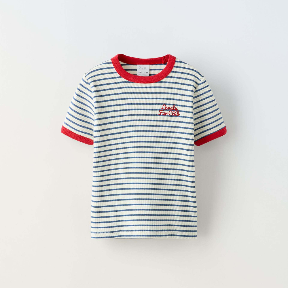 Футболка Zara Contrast Ribbed Striped, синий/белый футболка zara varsity with contrast ribbed slogan белый