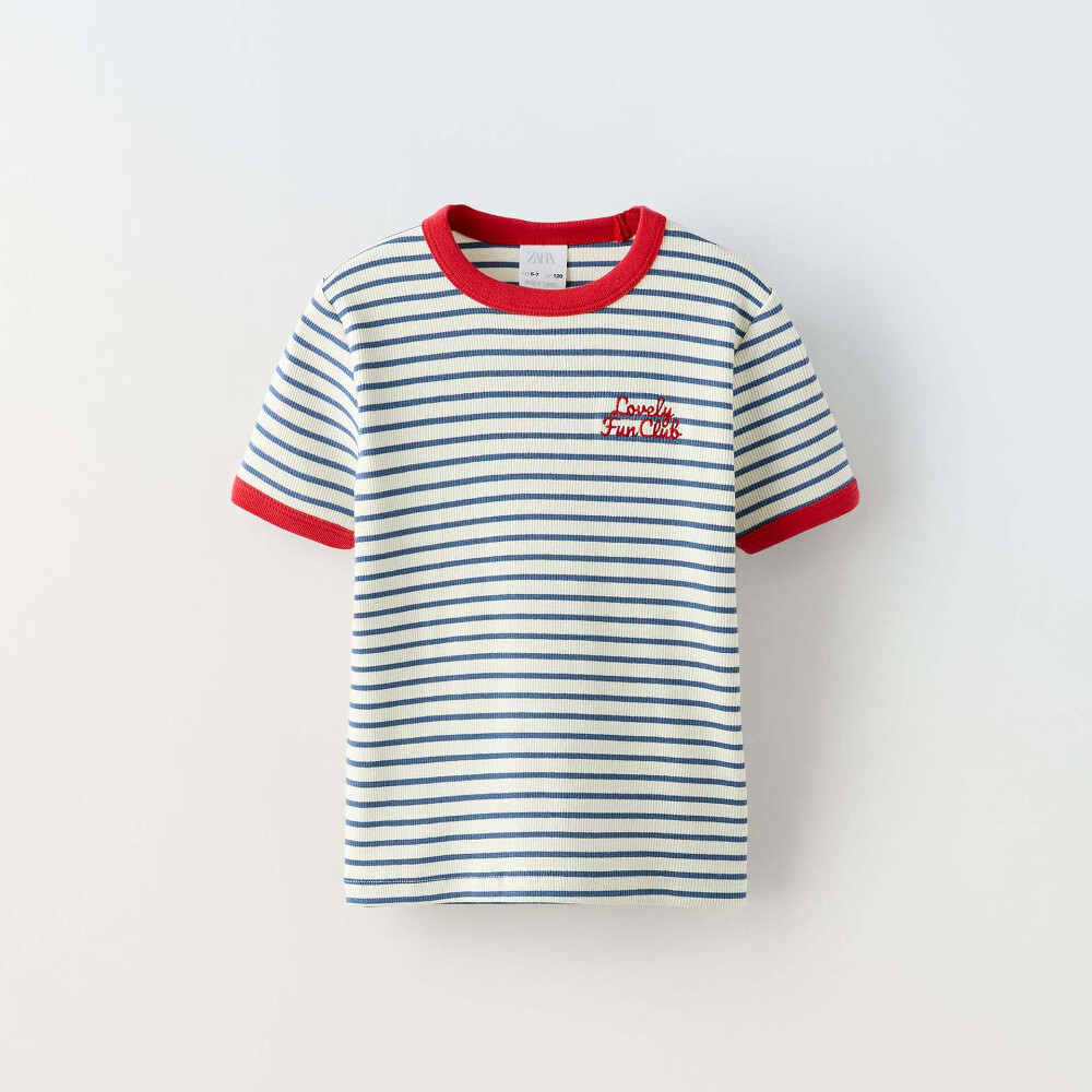 Футболка Zara Contrast Ribbed Striped, синий/белый свитшот с круглым вырезом из мольтона вышитая надпись на груди 2 года 86 см белый