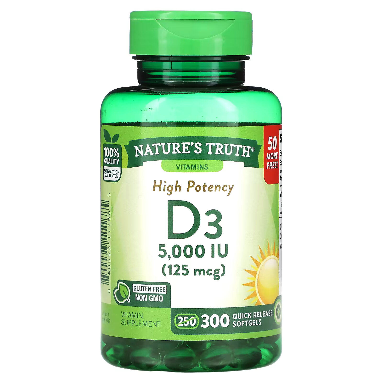 Nature's Truth, Высокоэффективный витамин D3, 125 мкг (5000 МЕ), 300 капсул быстрого высвобождения nature s truth liposomal d3 улучшенная формула 125 мкг 5000 ме 60 мягких таблеток быстрого высвобождения