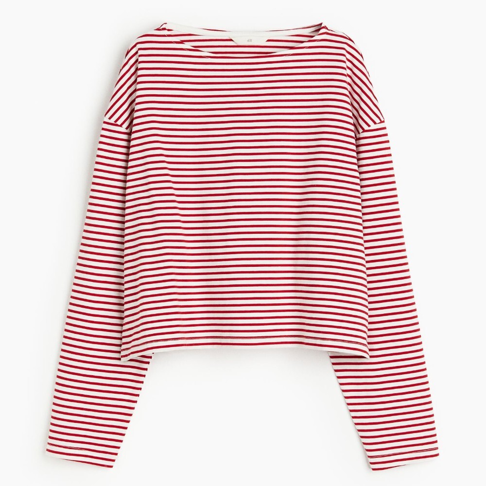 

Лонгслив H&M Oversized Boat-neck, белый/красный