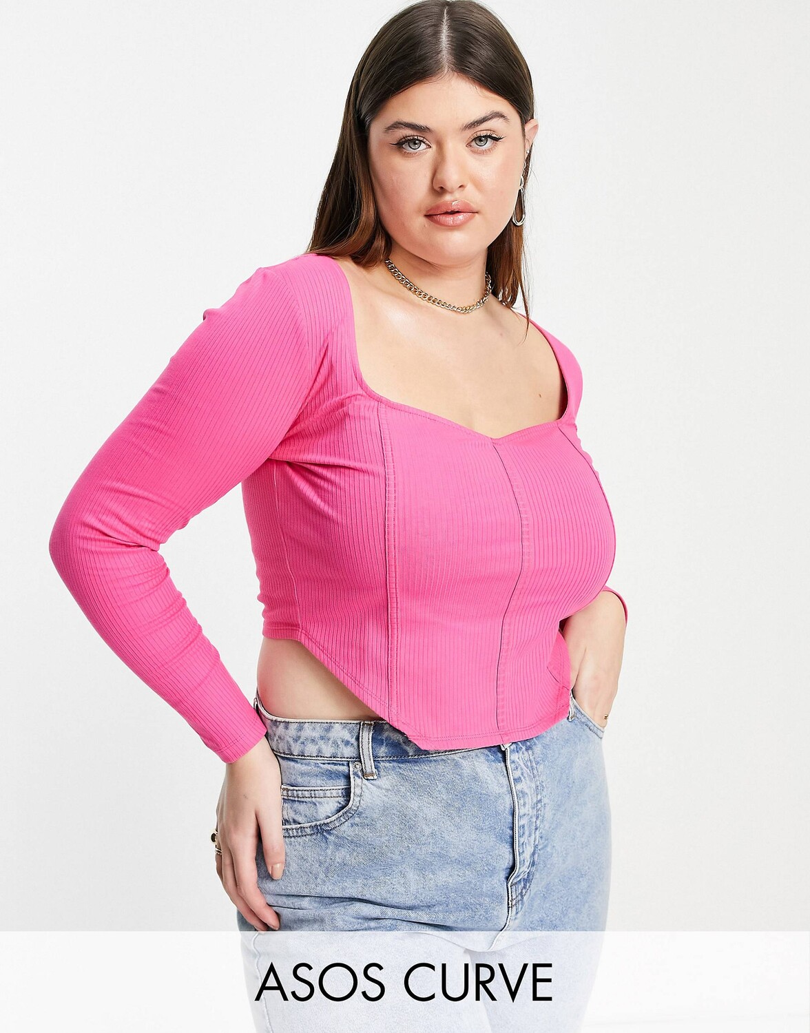 

Ярко-розовый корсет в рубчик с очень широким вырезом ASOS DESIGN Curve Curve