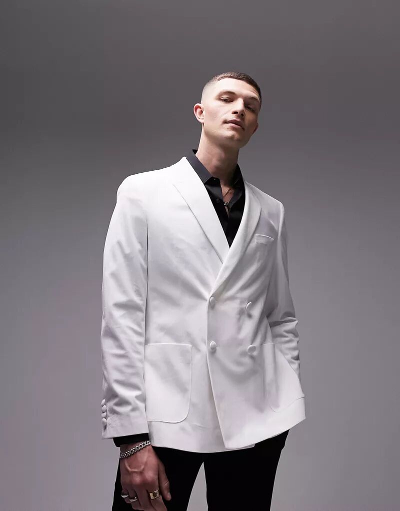 Белый двубортный бархатный пиджак Topman