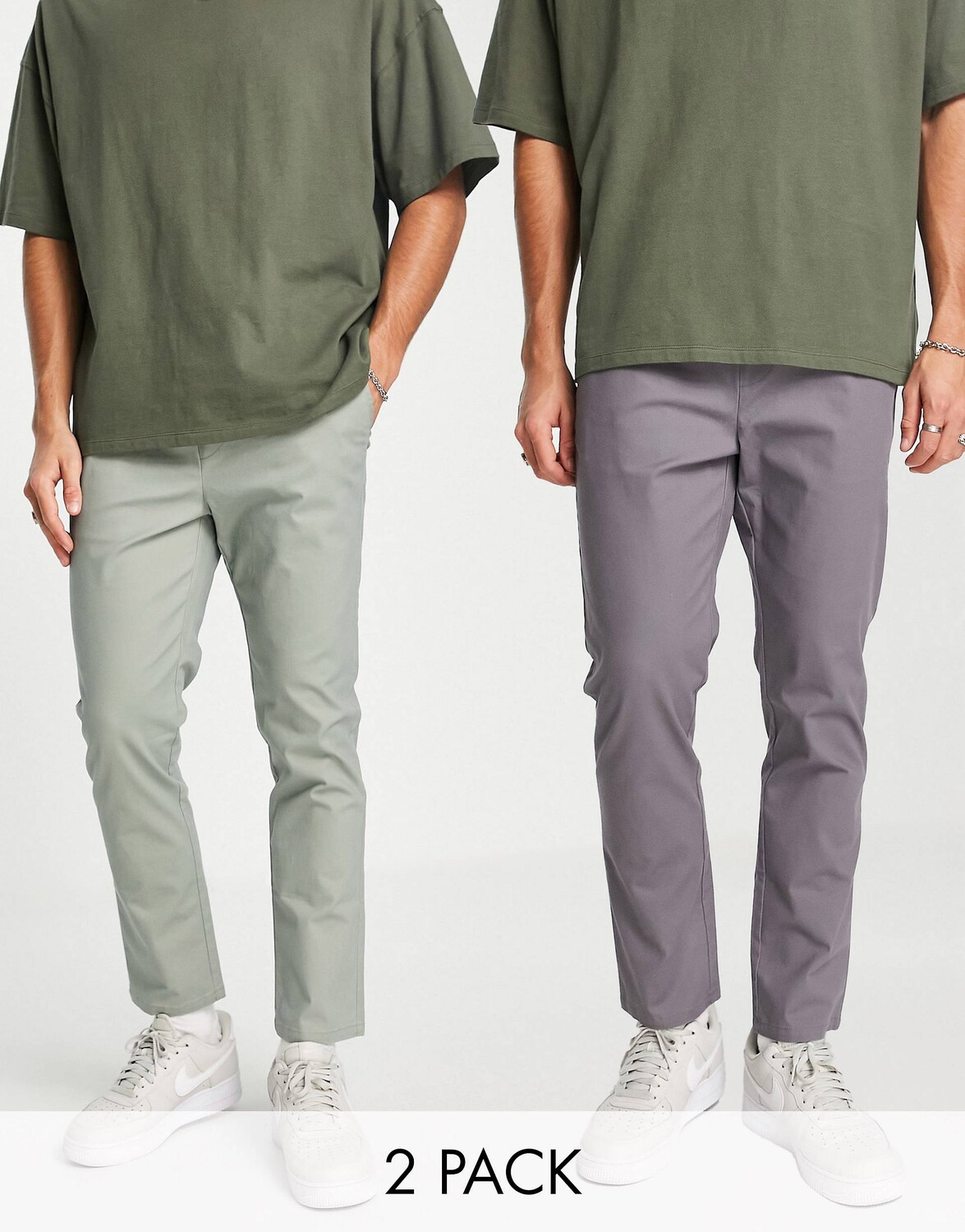 

Комплект из 2 узких брюк чинос с эластичной талией ASOS DESIGN светло-зеленого и темно-серого цвета