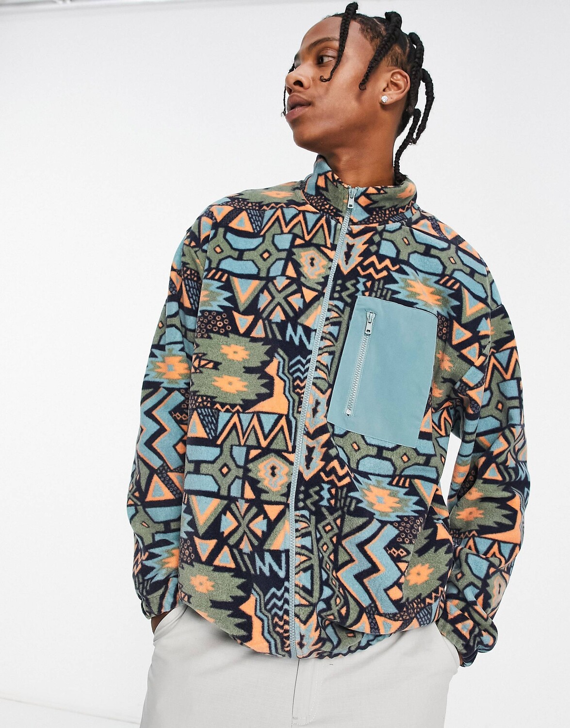 

Свободная флисовая куртка на молнии в стиле ретро ASOS DESIGN с принтом по всей поверхности
