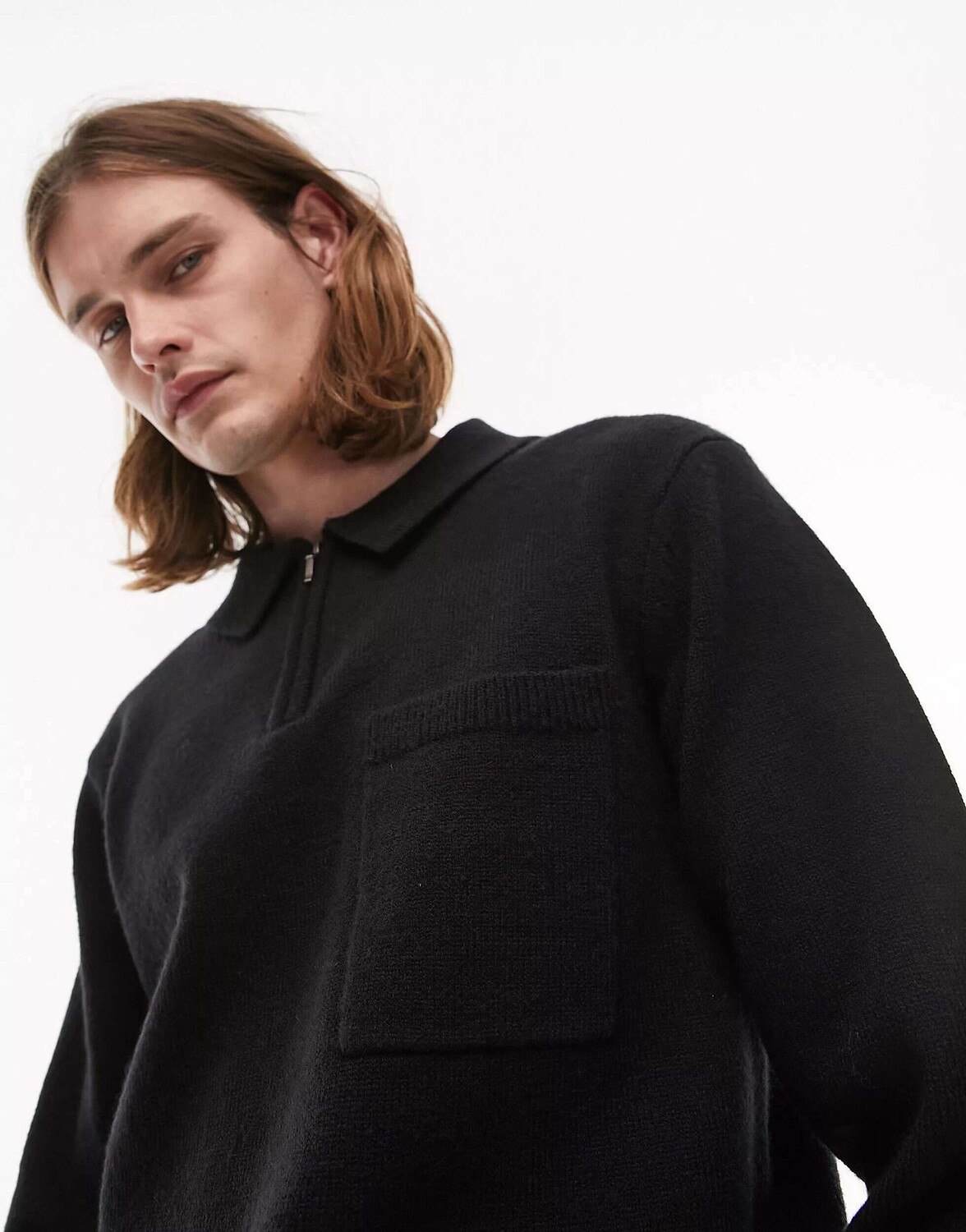 

Черная вязаная футболка-поло на молнии Topman, Черный