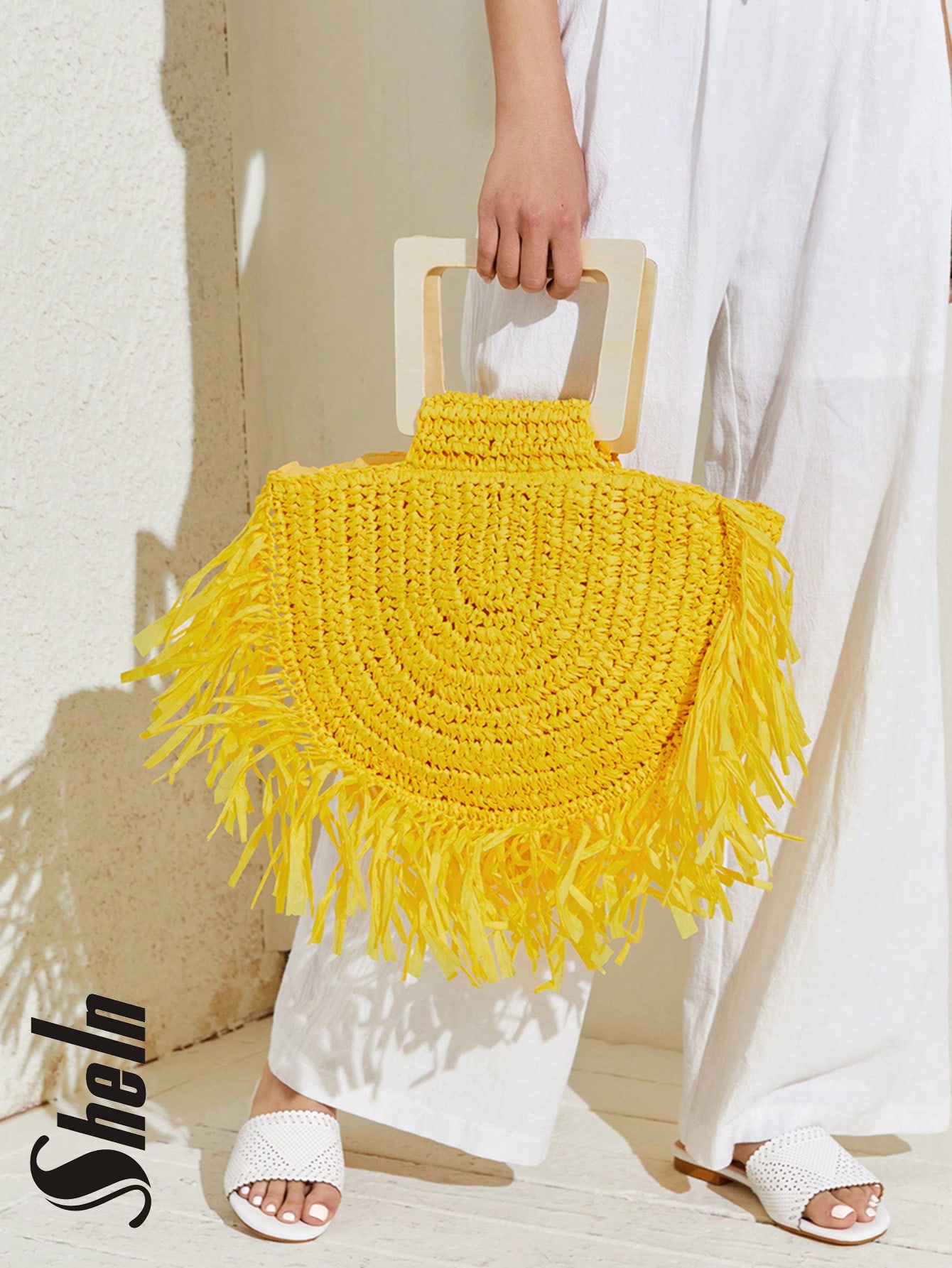 SHEIN VCAY Женская плетеная соломенная сумка цвета хаки с необработанным краем, желтый легкая полукруглая тканая соломенная сумка хаки