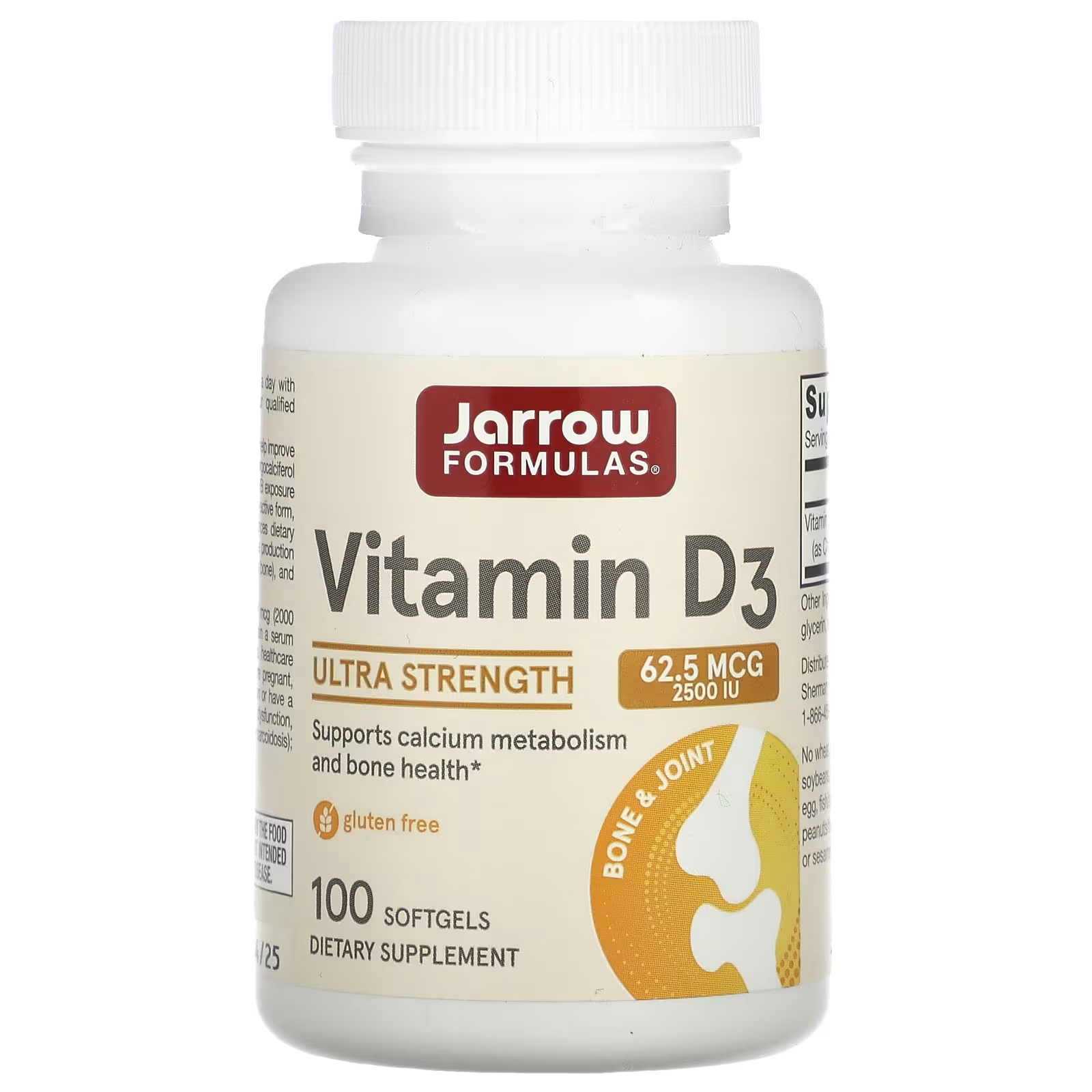 Витамин D3 Jarrow Formulas Ultra Strength 62,5 мкг, 100 мягких таблеток пищевая добавка ageless foundation laboratories для суставов и костей ultra flex gold 120 таблеток