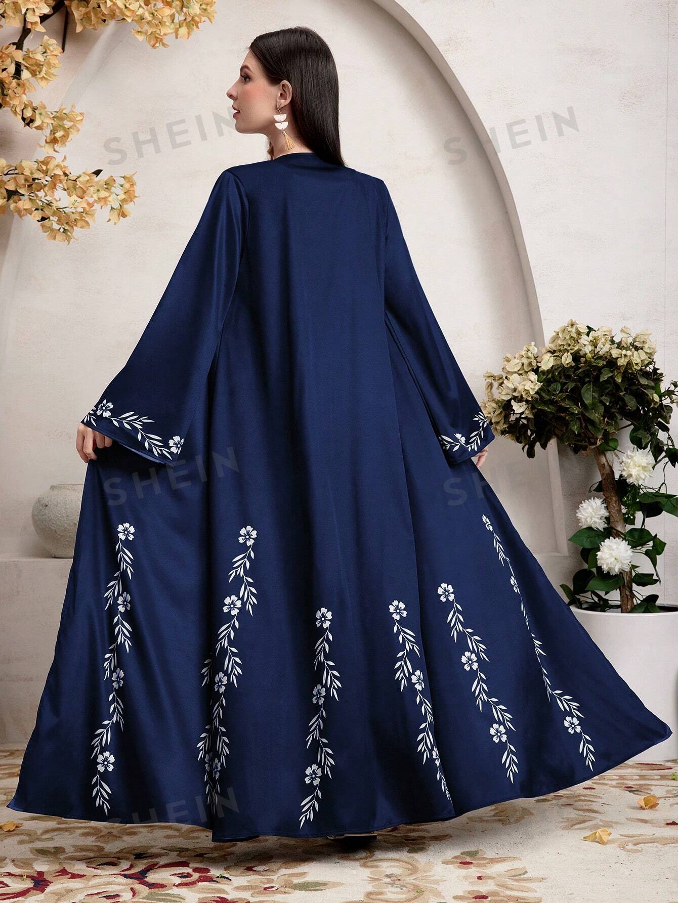 SHEIN Najma - женская длинная куртка с расклешенными рукавами и цветочным принтом, синий