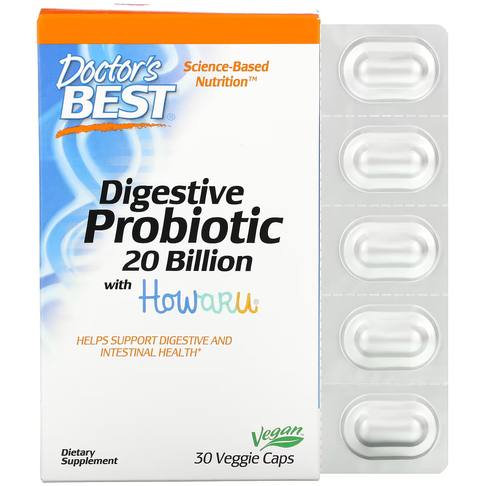 Doctor's Best пищеварительный пробиотик с Howaru, 30 вегетарианских капсул