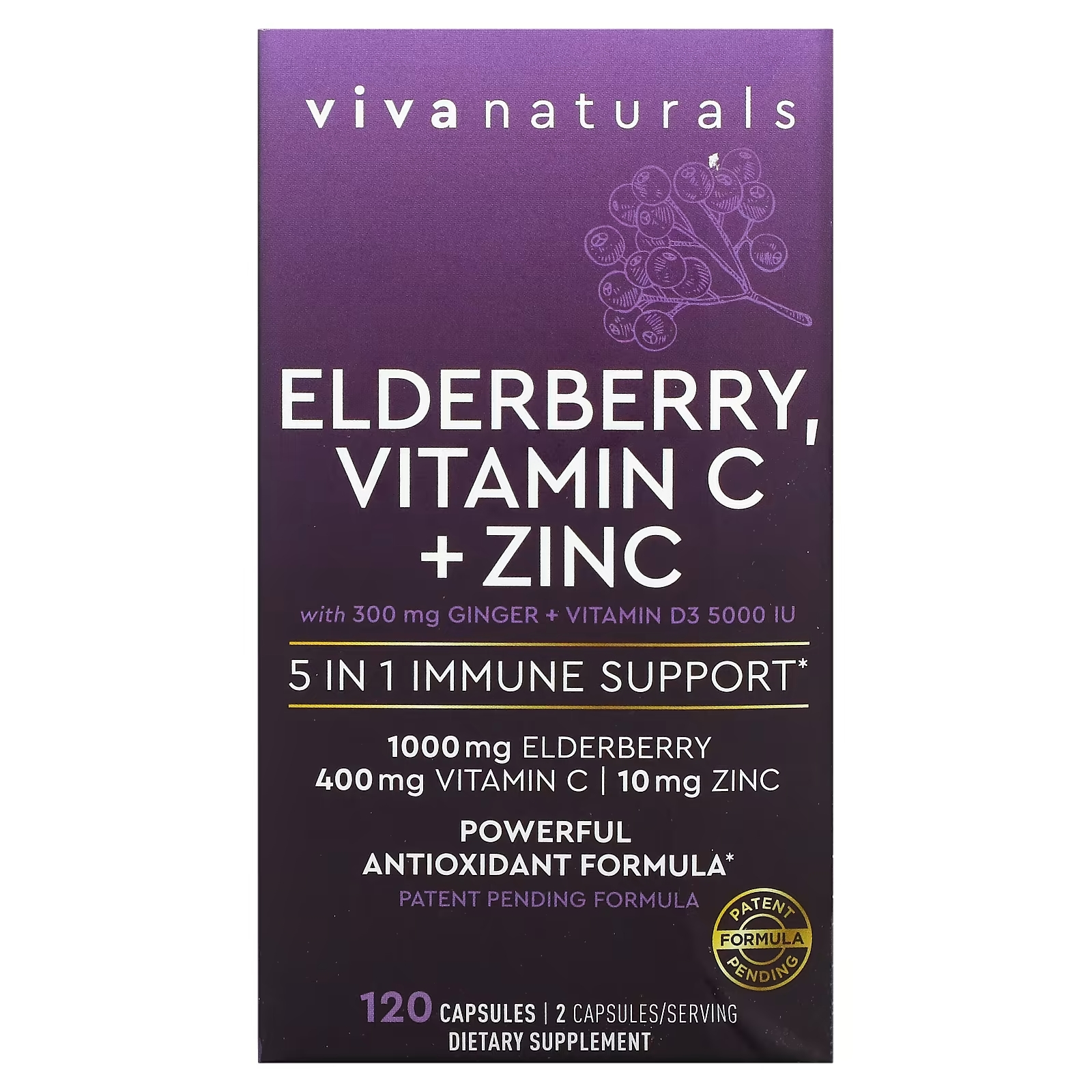 Витамин C и Цинк Viva Naturals поддержка иммунитета, бузина, 120 капсул