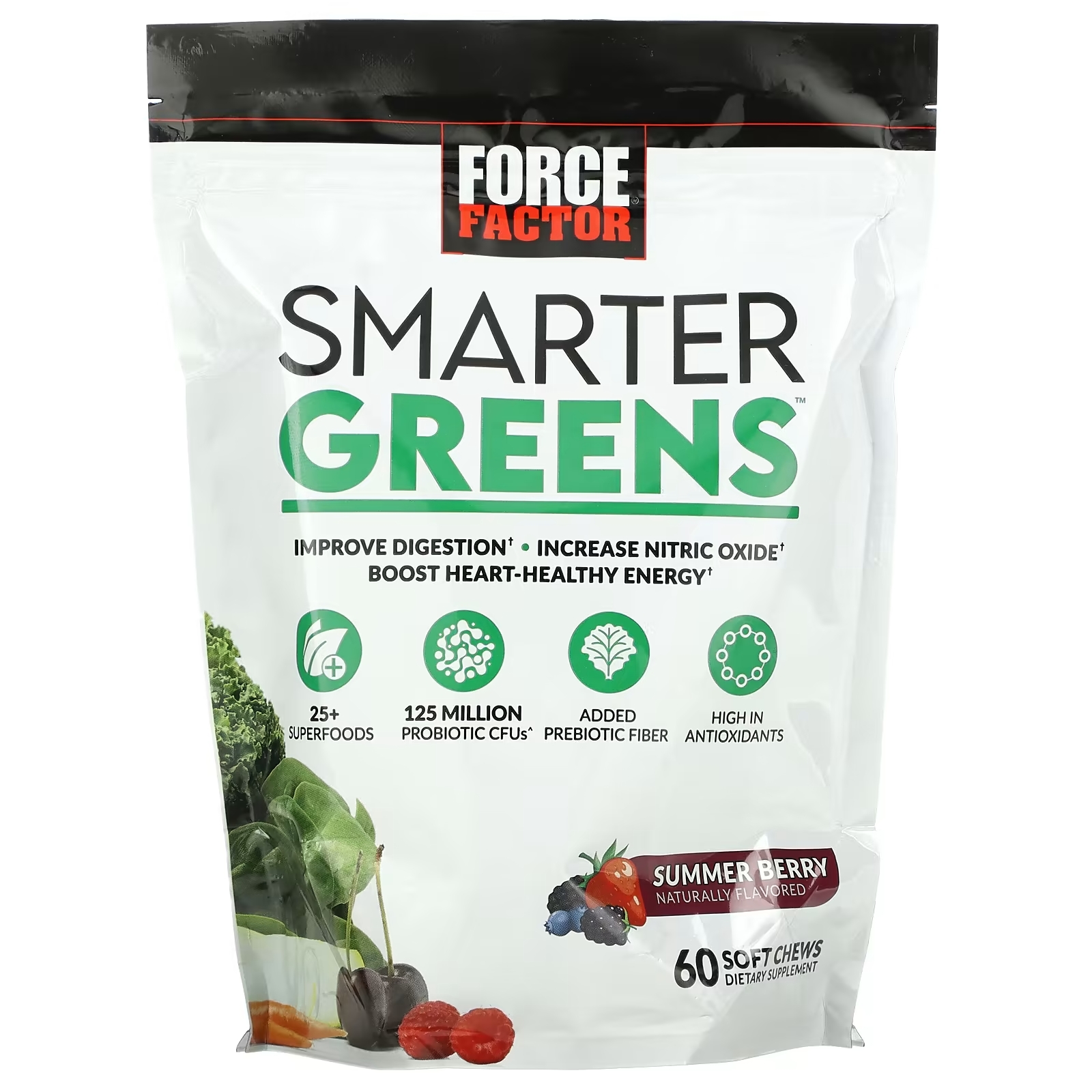 Пищевая Добавка Force Factor Smarter Greens, летние ягоды, 60 жевательных таблеток порошок без добавок force factor smarter greens 374 г