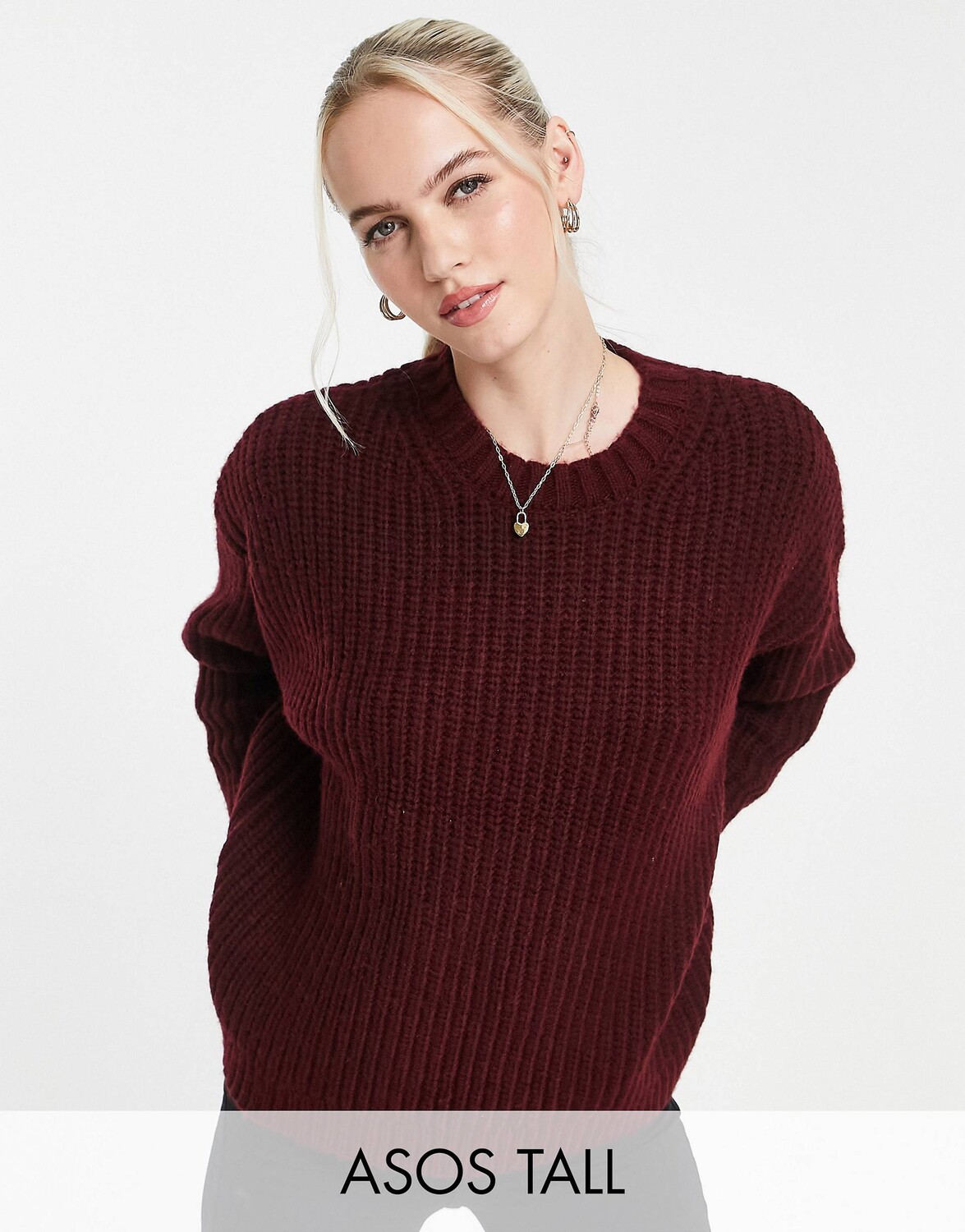 

Темно-красный джемпер в рубчик с круглым вырезом ASOS DESIGN Tall