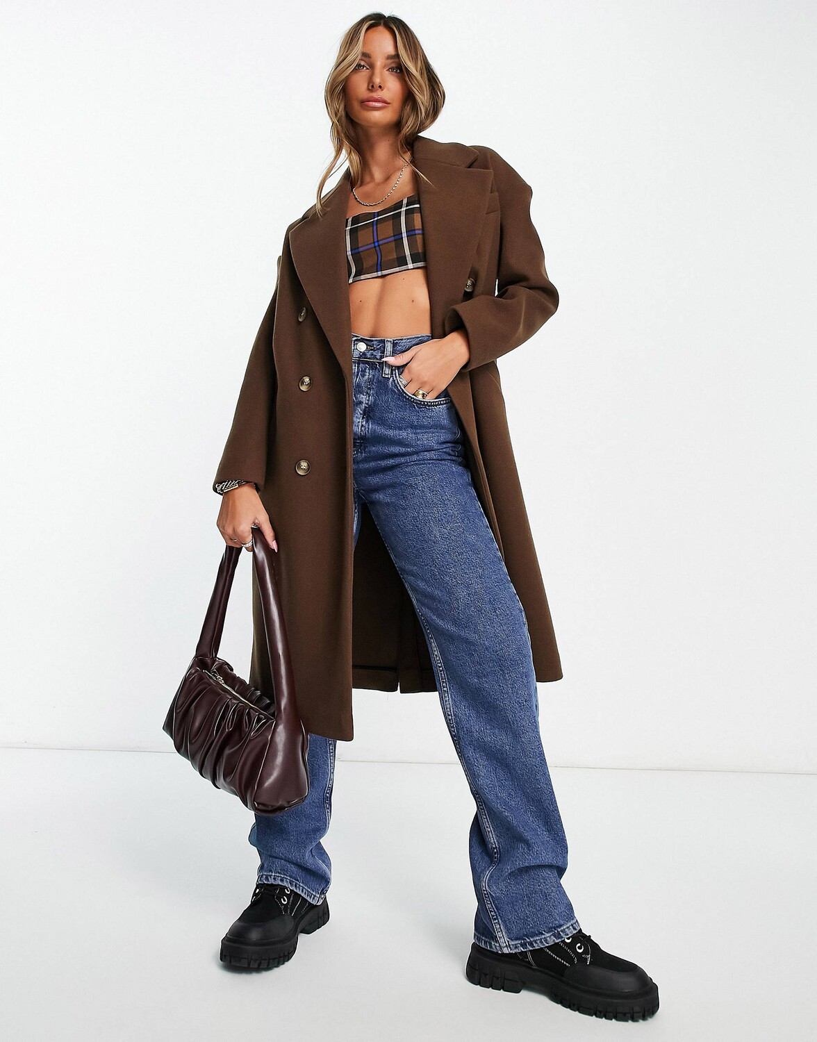 

Шоколадное длинное двубортное пальто Topshop, Коричневый