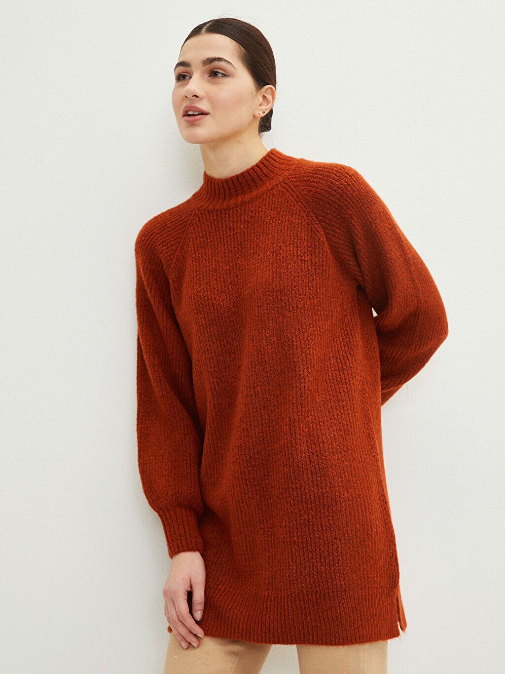 

Воротник-стойка Прямая женская трикотажная туника с длинным рукавом LCW Modest