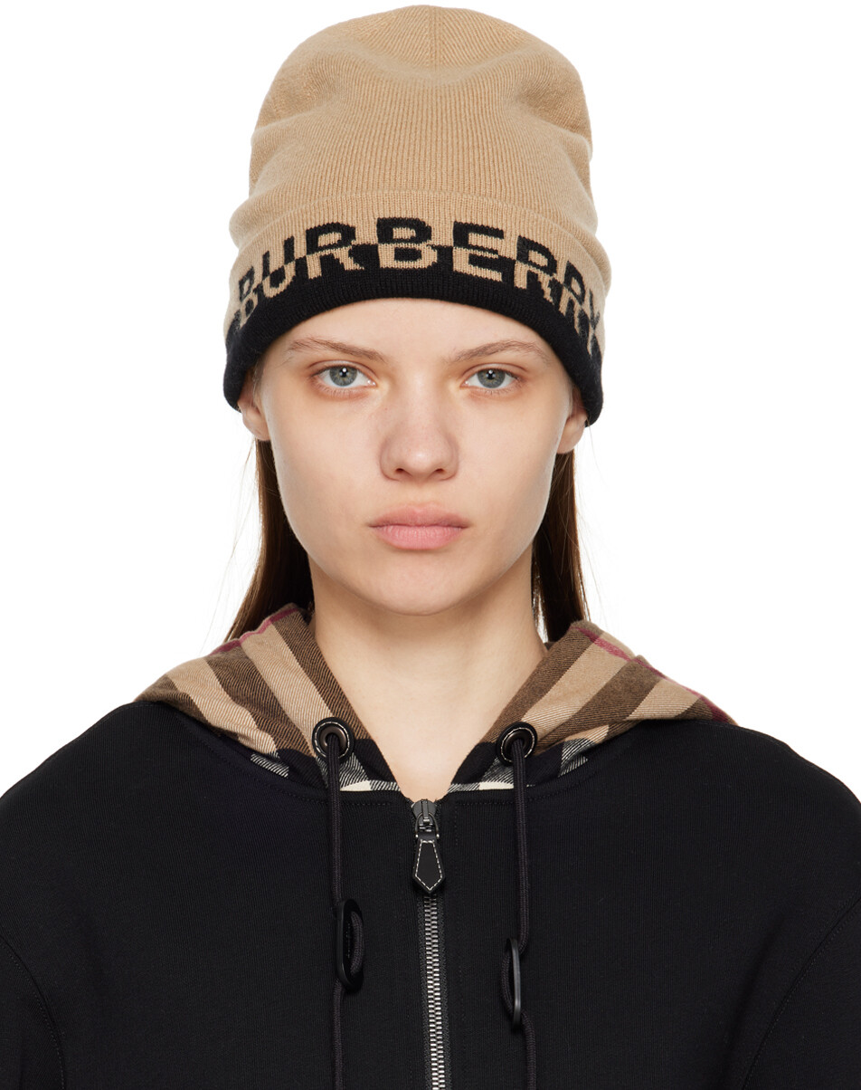 

Бежево-черная шапка-бини Burberry